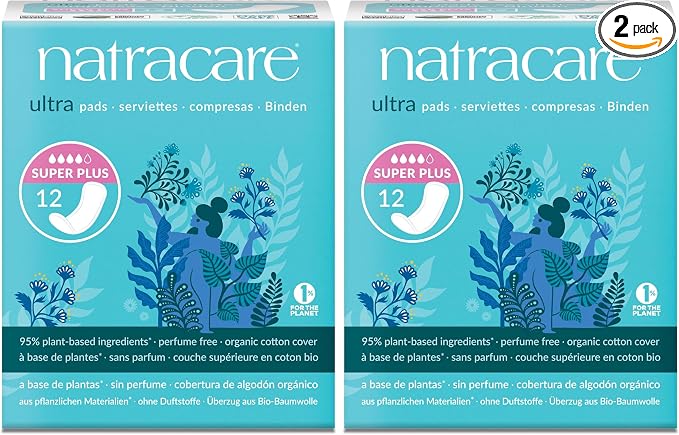 Natracare Slim Fitting Ultra Pads Without Wings, Super Plus, Made with Certified Organic Cotton, Ecologically Certified Cellulose Pulp and Plant Starch (2 Pack, 12 Pads Total)