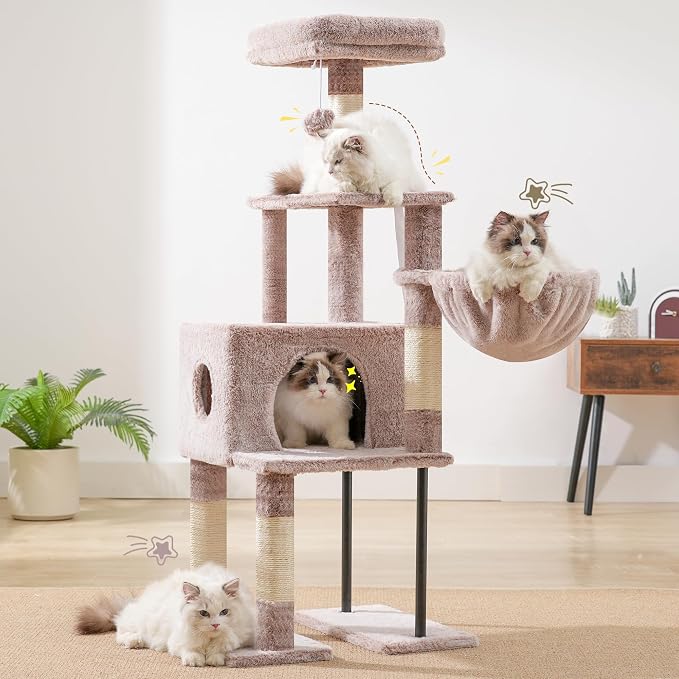 Heybly Cat Tree with Toy, 49.2 inch Cat Tower for Indoor Cats HCT200SMU | Spacious Cat House Condo with Hidden Space，Soft Plush Top Perch，Cozy Hammock and Sisal Scratching Posts, Rosy Brown