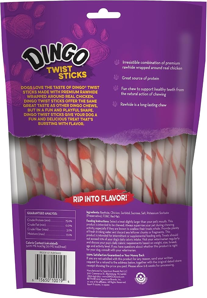 Dingo Twist Sticks Rawhide Dog Treat With Real Chicken, 50 Count | Long-Lasting Rawhide With Real Chicken, Provides Protein, Natural Chewing Action Promotes Clean Teeth, For Adult Dogs