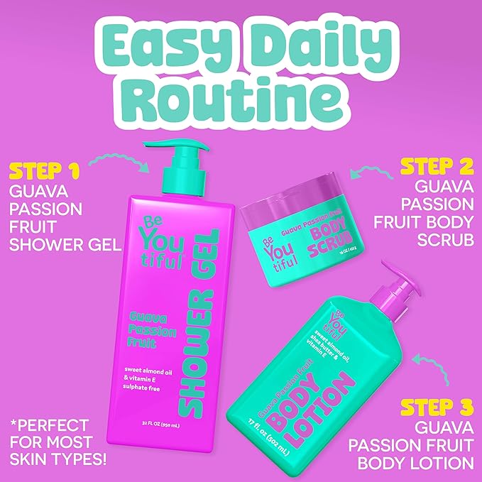BeYoutiful Guava Passion Fruit Body Lotion for Dry Skin, Natural Cruelty-Free Hydrating Moisturizer for Kids & Teens with Sweet Almond Oil, 17 oz