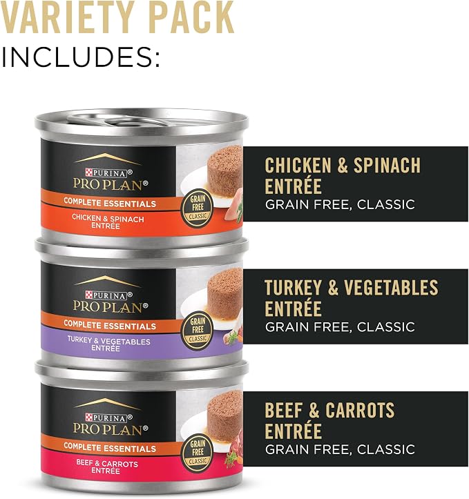 Purina Pro Plan Complete Essentials Wet Cat Food Pate Variety, (24) 3 oz | 3-Flavors, Real Chicken, Turkey or Beef, grain free cat food loafs, with vegetables, no artificial colors or preservatives