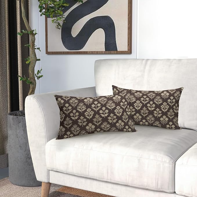 Drak Brown Pillow Covers 12x20 Inch Set of 2, Cream Floral Block Print Pattern Lumbar Decorative Throw Pillowcases Outdoor Farmhouse Rectangle Cushion Covers Spring Summer Sofa Couch Bed Decor