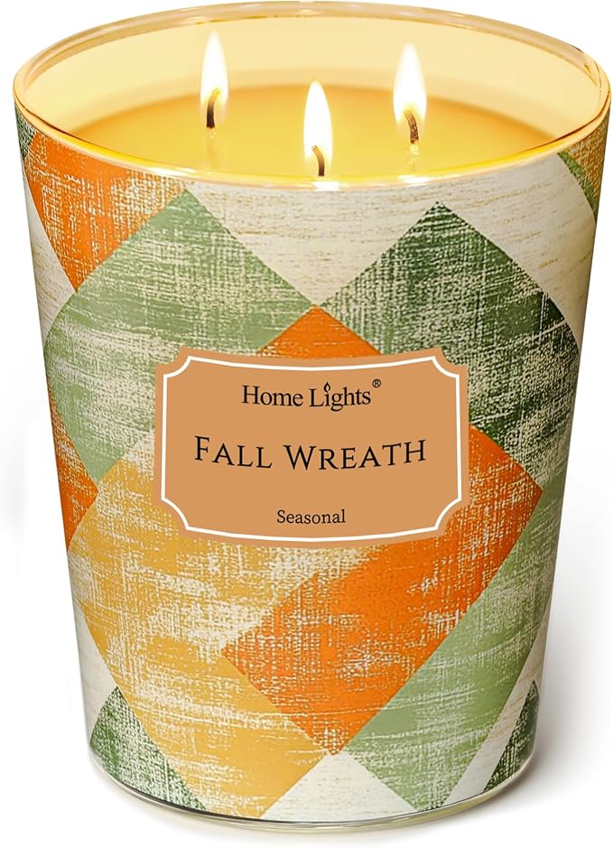 HomeLights Large jar Candle | 3-Wick Long-Lasting Scented Candles, 34oz Natural Soy Wax Candle for Home Scented, Rustic Modern Gifts for Women & Men, Fall Wreath