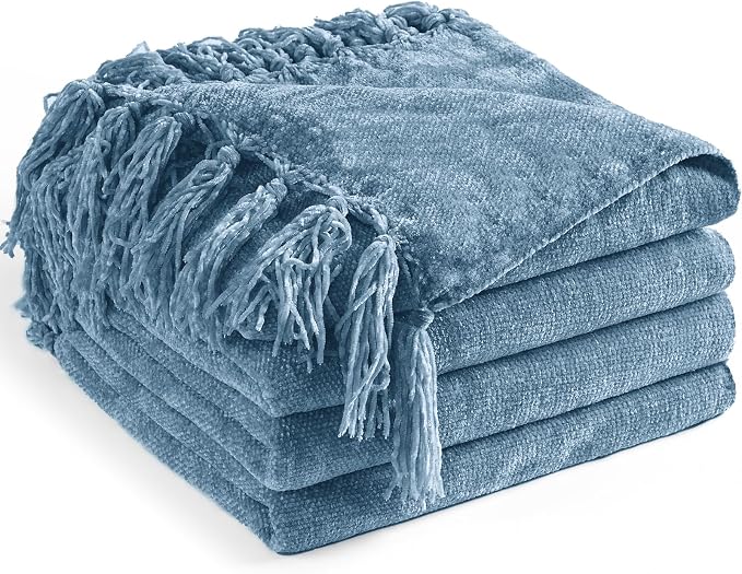 Chenille Throw Blanket for Couch 60" x 80" Twin, Dusty Blue | Soft Cozy Warm Throws with Fringe Tassel, for Living Room Bed Sofa Chair Cover, Lightweight Knitted Decorative Boho Blankets