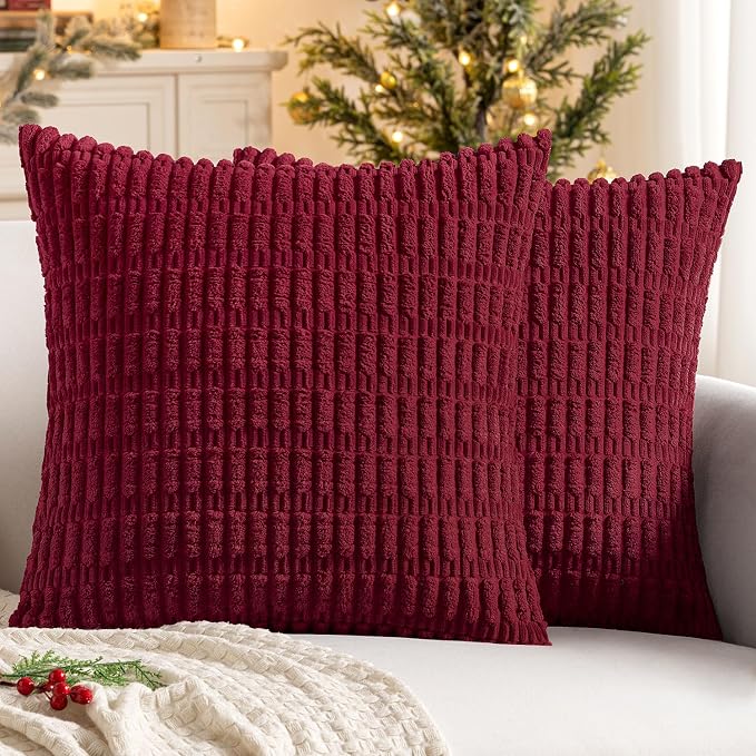 MIULEE Euro Sham Corduroy Decorative Throw Pillow Covers 24x24 Burgundy | Pack of 2 Soft Boho Striped Pillow Covers Modern Farmhouse Home Decor For Sofa Living Room Couch Bed