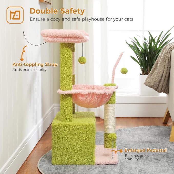 PEQULTI 4-in-1 Cat Tree for Kittens & Small Cats, 33in Pink Tower | Compact 33in cat tower: deep hammock, cozy condo, top perch, sisal post; removable washable cover; wide base for small cats