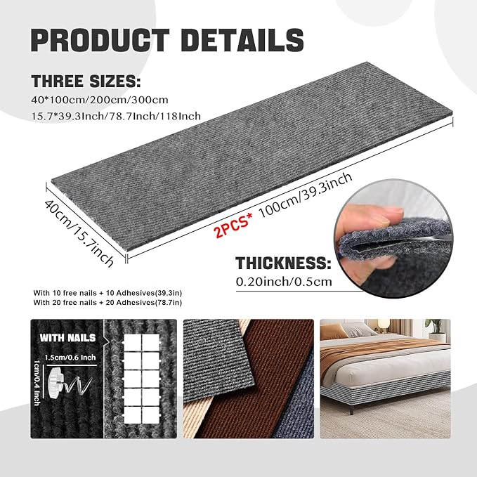 SREBAY Cat Scratch Couch Furniture Protector, Self-Adhesive Scratch Pad | 78.7x15.8In, Thicken, DIY Climbing Cat Carpet Mat for Door Window Protector, Couch Guard from Claw with Pins& Tape, LightGrey