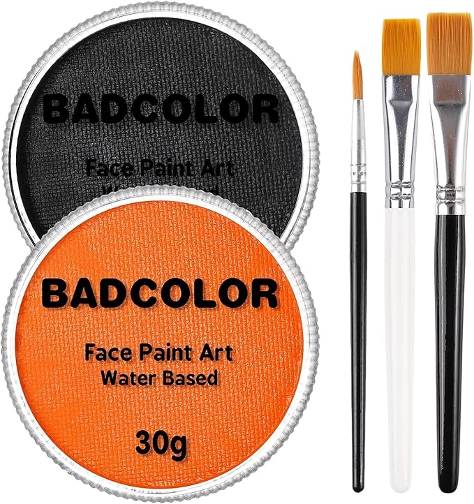 Black Orange Face Body Paint with Brushes for Pumpkin Halloween Makeup, Water Based Face Painting Kit Non-Toxic for Kids Adults Party, Facepaint for Scarecrow Clown Tiger Lion Costume Cosplay Make-Up