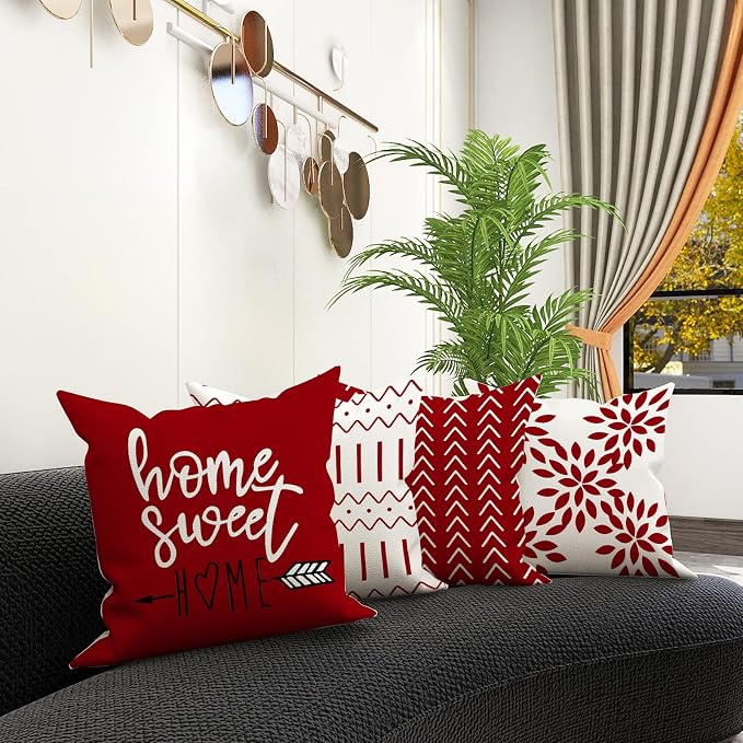 YCOLL Christmas Red Linen Pillow Covers 20x20 Set of 4, Home Sweet Home Farmhouse Throw Pillow Covers, Holiday Decorative Cushion Covers for Sofa Couch Bed, Winter Rustic Xmas Home Decor