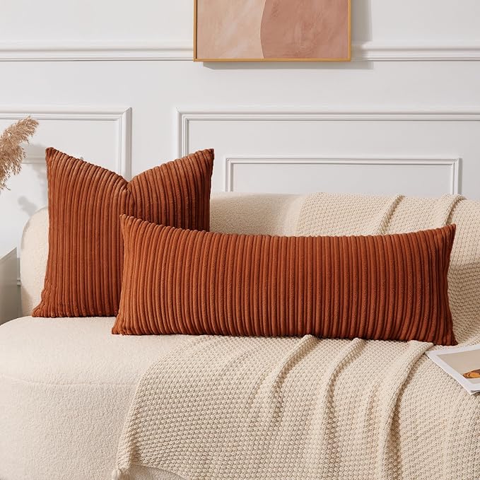 UGASA Fall 14x36 Inch Pillow Cover Pack of 1 Soft Boho Stripe Corduroy Large Long Rectangle Lumbar Cushion Case Farmhouse Decorative Throw Pilowcase for Bed, Couch, Sofa, Bedroom, Burnt Orange