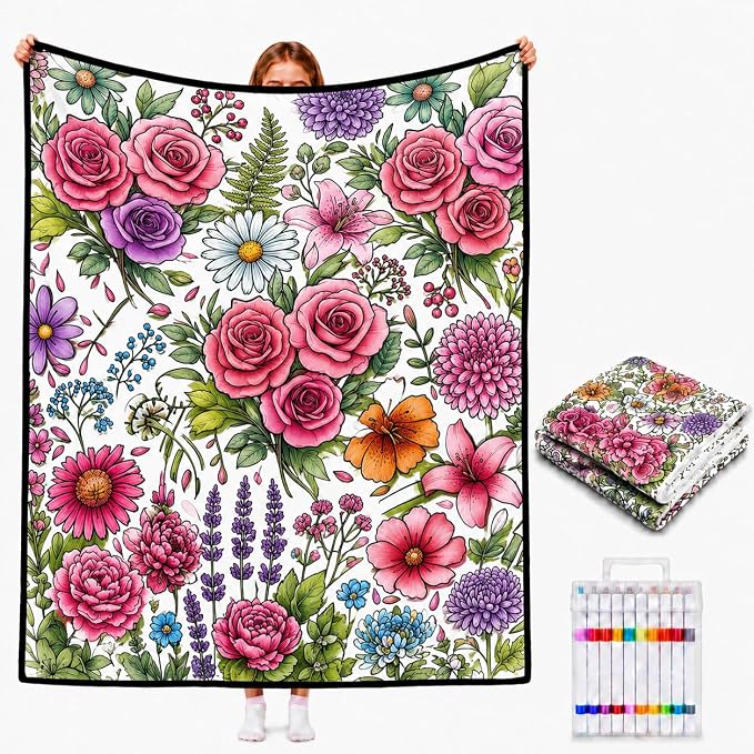 VEELU DIY Coloring Blankets with 24 Colors Markers for Adults | Custom Color In Your Own Blankets With 24 Colors Markers, Snuggle Color Sketch Washable Blankets Kit Home Decor