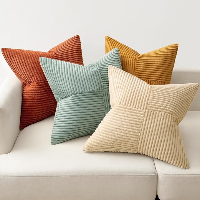 MIULEE Fall Teal-Orange Decorative Throw Pillow Covers 16x16 Inch Set of 4 Boho Corduroy Striped Cushion Cases Modern Farmhouse Patchwork Pillow Cases for Couch Sofa Bedroom Home Decor