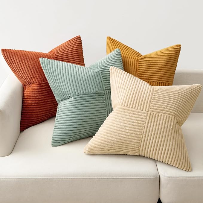 MIULEE Fall Teal-Orange Decorative Throw Pillow Covers 22x22 Inch Set of 4 Boho Corduroy Striped Cushion Cases Modern Farmhouse Patchwork Pillow Cases for Couch Sofa Bedroom Home Decor