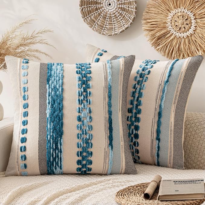 ANRODUO Boho Decorative Pillow Covers 20x20 Sky Blue Stripe 3 Pack of 2 | Throw Pillow Covers, Farmhouse Cushion Case, Chenille Pillow Cases, Pillow Covers, Accent Neutral Pillowcase for Sofa Couch
