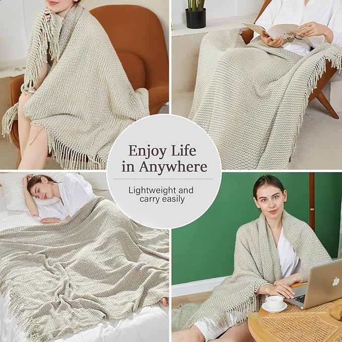 Blagic Wheat Textured Knit Throw Blanket for Couch,Grey and White,50"x60" | Soft Farmhouse Boho Throw Blanket with Tassels,Decorative for Living Room,Gifts for Adults,All Season Use