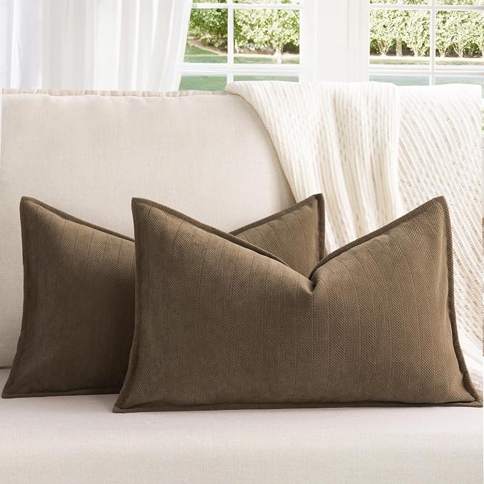 Brown Pillow Covers 12x20 Set of 2 Chenille Throw Pillow Covers with Elegant Design Soft and Luxurious Decorative Throw Pillows for Couch, Bed, and Home Decor