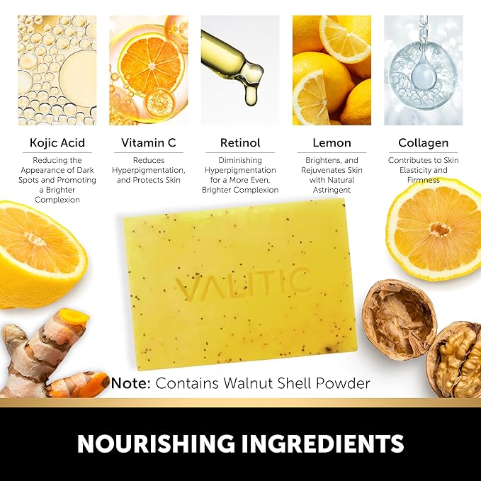 VALITIC Lemon Turmeric Soap for Dark Spots - Kojic Acid Soap for Face and Body - Exfoliating Bar for Brightening, Skin Tone Corrector with Retinol, Vitamin C, Collagen and Hyaluronic Acid - 2 Pack