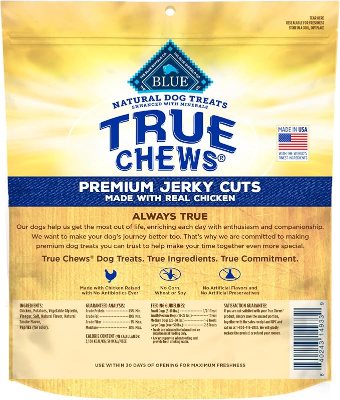 Blue Buffalo True Chews Premium Jerky Cuts Chicken Dog Treats, 4 oz | Real Chicken First, Made in the USA, No Artificial Preservatives, Corn, Wheat, or Soy