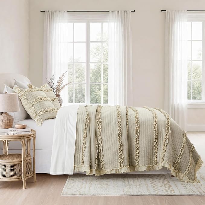 Ultra Soft Ruffle Fringed Quilt Queen Size,Shabby Chic Rustic Beige Bedding Set, Stone Washed Boho Decorative Quilt with 2 Pillow Shams for All Season