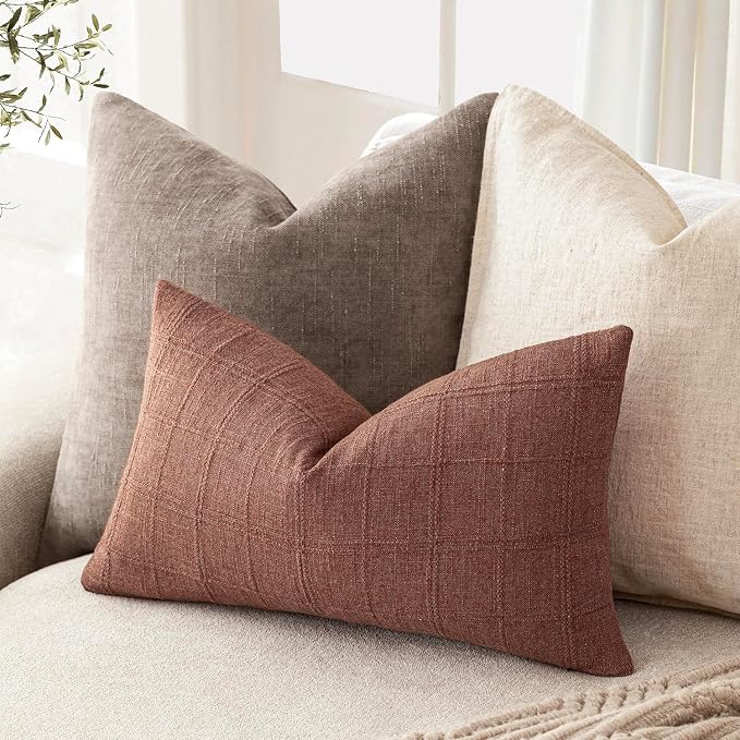 Foindtower Set of 2 Decorative Linen Check Throw Pillow Covers Neutral Farmhouse Lumbar Cushion Covers Modern Boho Home Decor for Sofa Chair Couch Bedroom Living Room,12×20 Inch,Autumnal Red