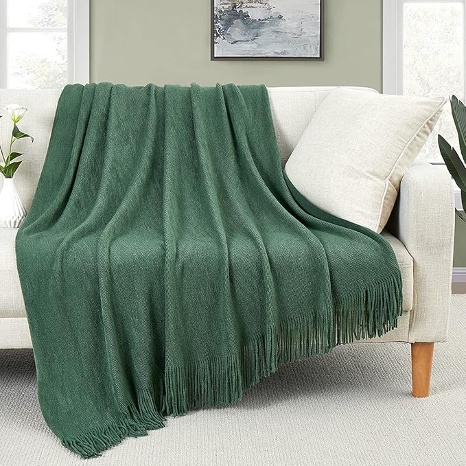 Homiest Dark Green Knitted Throw Blanket with Fringe, 50x60 Inch | Pure Acrylic, Lightweight & Breathable, All-Season Use, Machine Washable, Wrinkle & Fade Resistant, for Couch Sofa And Bed