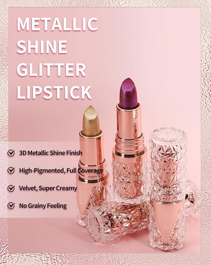 Glitter Metallic Shimmer Red Lipstick Long Lasting,Diamond High Pigmented Pink Metallic Matte Liquid Lipstick Non-Stick Nude Lip Gloss,Transfer Proof Lip Color Lip Stick Makeup for Women-03