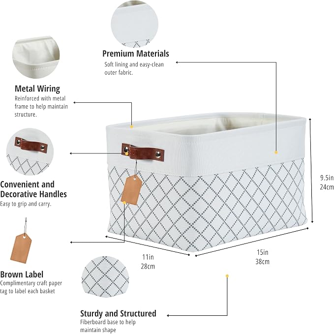 DECOMOMO Storage Bins, Large Fabric Storage Baskets for Shelves 3 Pack | 15 x 11 x 9.5 inches Decorative Linen Closet Organizers with Handles (Checkered White)