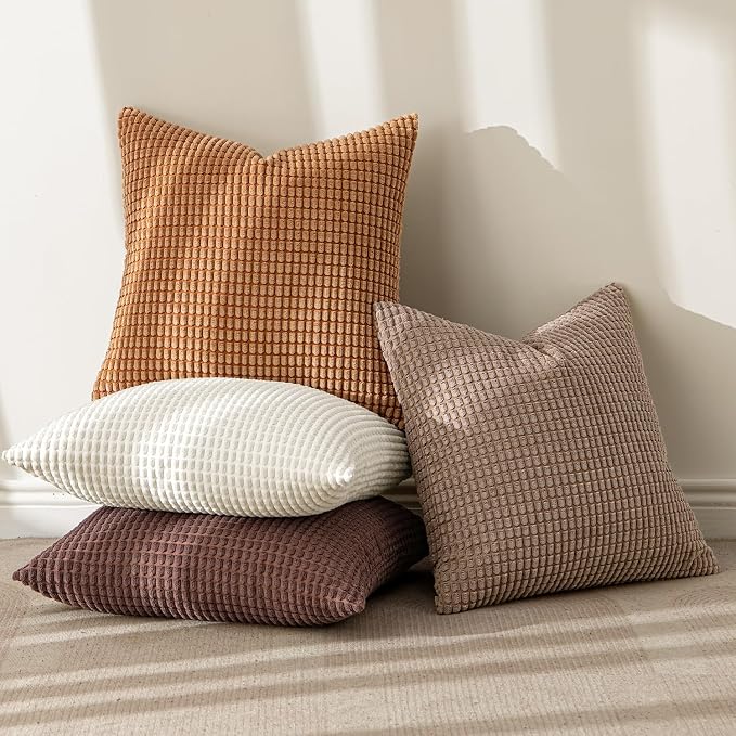 MIULEE Fall Decorative Throw Pillow Covers 18x18 Inch Set of 4 Brown | Modern Natural Rustic Throw Pillows, Warm Neutral Soft Corduroy Pillowcases, Home Decor for Sofa Living Room Bed