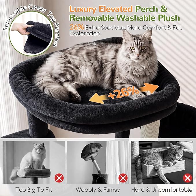 Globlazer Tall Cat Tower for Indoor Adult Cats, 72-inch, S72G, Dark Grey | Heavy Duty Cat Tree House for Big Cats with 2 Extra-Large Padded Platform, 7 Sisal Scratching Posts, 3 Large Condos