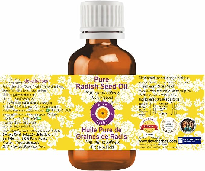 Deve Herbes Pure Radish Seed Oil (Raphanus sativus) Cold Pressed 5ml (0.16 oz)