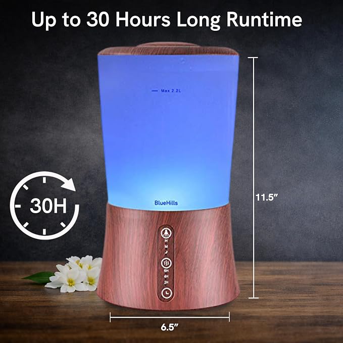 BlueHills Large 2000 ML XL Essential Oil Diffuser Aroma Humidifier 2 Liter Capacity for Big Living Room Home Baby Long Run XL Huge Coverage Area High Mist Timer Large Diffuser Dark Wood Grain 2L S3