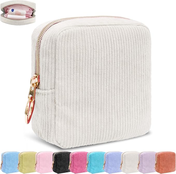 Period Bag for Girls, Corduroy Sanitary Napkin Storage Bag, Period Pouch & Tampon Holder, Feminine Care Organizer（ Beige）