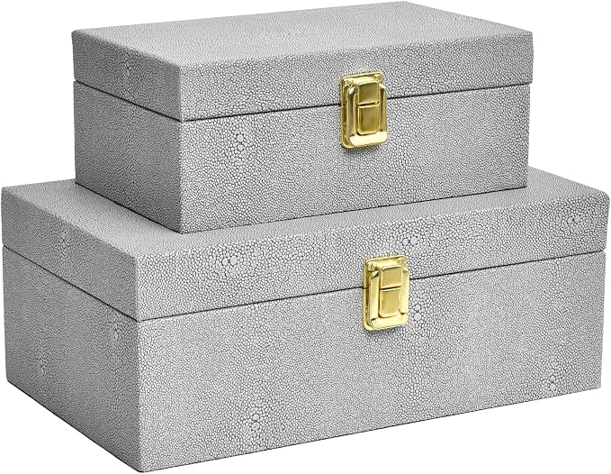 Faux Shagreen Leather Decorative Storage Boxes Set of 2, Light Grey | for keeping precious keepsakes, trinkets, jewelry and other small items organized and out of sight
