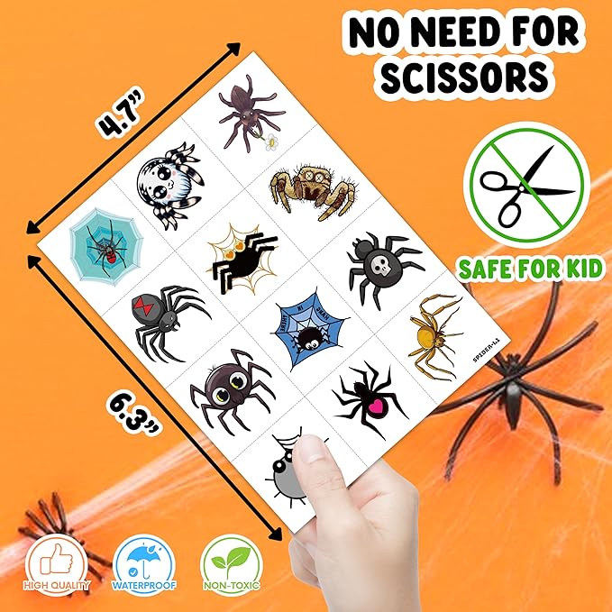 96 PCS Cute Funny Halloween Spider Pre-cut Temporary Tattoos Sticker Birthday Decorations Spider Web Bat Boo Day Festival Black Carnival Themed Party Favors Supplies Cute Boy Girl Adult Gifts