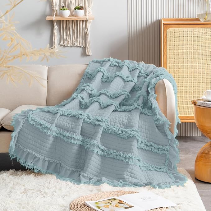 Ultra Soft Pre-Washed Quilted Boho Blue King Size Blankets for Bed, Ruffle Fringed Decorative Throw, Stone Washed Chic Rustic Blanket for Sofa Couch Bed, 104"*90"