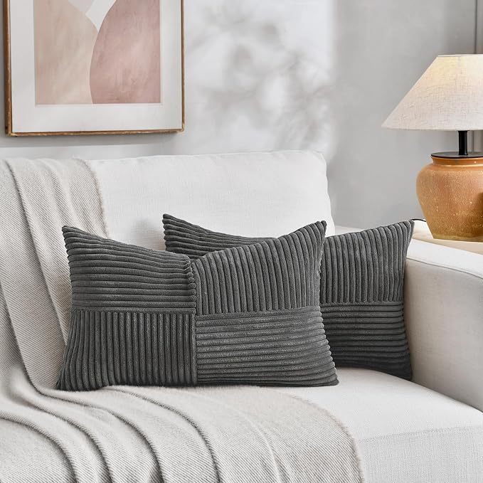 Fancy Homi Set of 1 Dark Gray Long Lumbar Decorative Throw Pillow Covers 16x24 Inch for Couch Bed Sofa, Rustic Farmhouse Boho Home Decor, Soft Striped Corduroy Rectangle Accent Cushion Case 40x60 cm