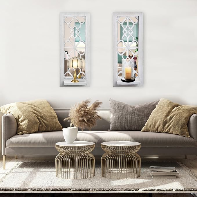 ZEXUIRU 2 Set Rustic Candle Sconces Living Room Bedroom Entryway Wood Mirrored, Farmhouse, Carved Frame Wall-Mount Wooden Candle Holders Wall Decor Hanging Handmade Holder - Distressed White
