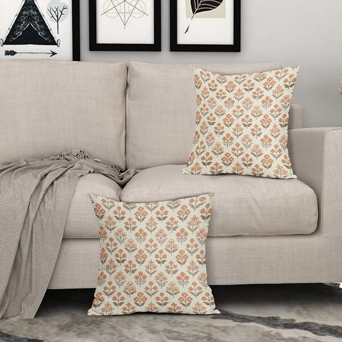Brown Orange Floral Block Print Pillow Covers 16x16 Inch Set of 2, Vintage Flower Pattern Decorative Throw Pillowcases Outdoor Farmhouse Cushion Covers Spring Summer Rustic Sofa Couch Bed Decor