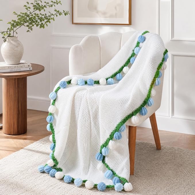 Ivydale Crochet Flower Bouquet Throw Blanket with Blue Rose