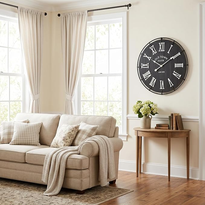 EMAX HOME 24 Inch Vintage London Style Wall Clock, Black Wood Grain Background with White Roman Numerals, Rustic Metal Frame, Silent Non-Ticking Clock for Fireplace Mantel, Entryway, or Dining Area.