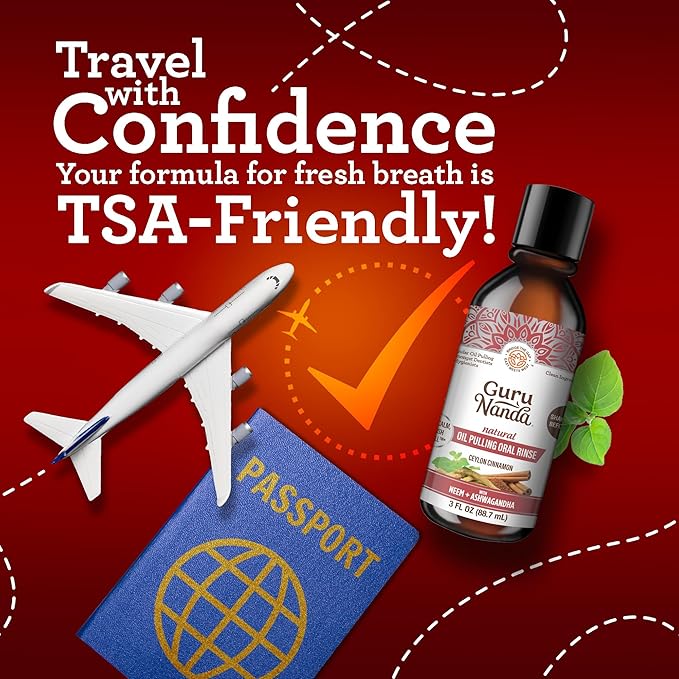 GuruNanda Cinnamon Oil Pulling Travel Sized Mouthwash, Promotes Calmness, with Neem & Ashwagandha for Fresh Breath & Happy Gums, Alcohol-Free, TSA-Friendly, 3 Oz
