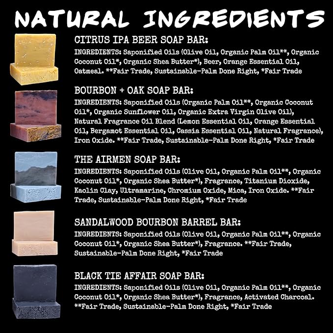 BLUEBYRD Soap - Men's Variety Pack Bourbon Soap Bars | Natural Skin Care, Handmade, Cold Process, Organic | Masculine Fragrance- Bourbon Oak, Citrus IPA Beer, Sandalwood Whiskey, Charcoal (Bourbon)