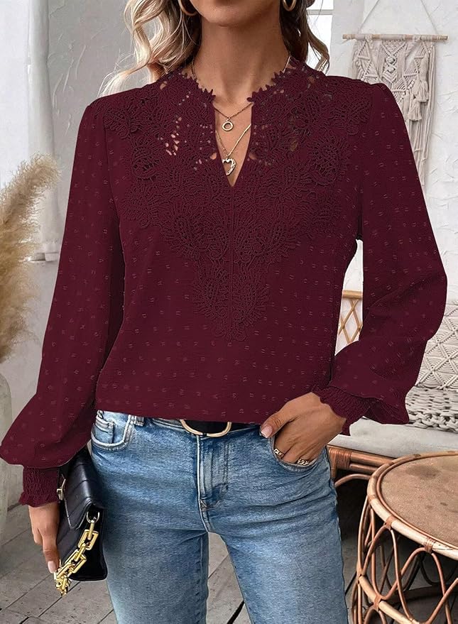 Womens Tops Swiss Dot Boho Long Sleeve Shirts V Neck Casual Chiffon Blouses Flowy Lace Hem Cute Clothing Trendy 2026