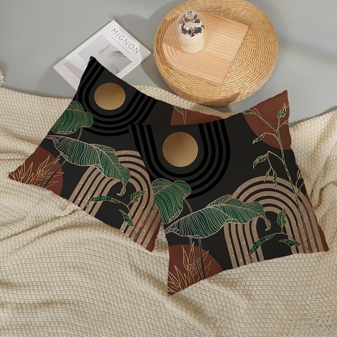 Boho Grey Rust Brown Pillow Covers 18x18 Set of 2 Gold Green Leaf Tropical Mid Century Throw Pillows Outdoor Bohemian Modern Decorative Pillowcase Farmhouse Cushion Case for Couch Sofa Decor