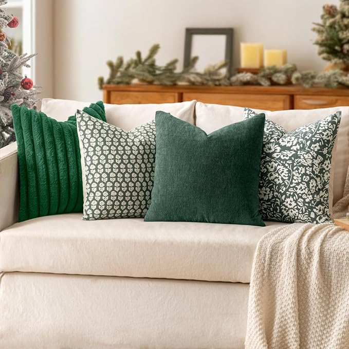 MIULEE Faux Fur Decorative Throw Pillow Covers 18x18 Set of 2 Dark Green | Modern Soft Plush Couch Pillows, Cozy Fluffy Cushion Covers for Sofa Bed Living Room Home Decor