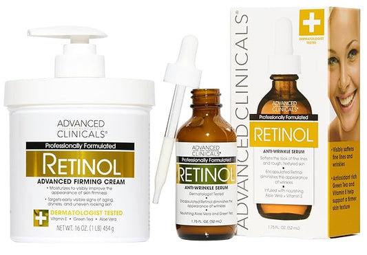 Advanced Clinicals Retinol Body Lotion + Retinol Serum 2PC Skincare Set For Women & Men Helps Diminish Appearance Of Crepey Skin | Face Serum & Body Cream Visibly Improves Look Of Wrinkles & Sagging