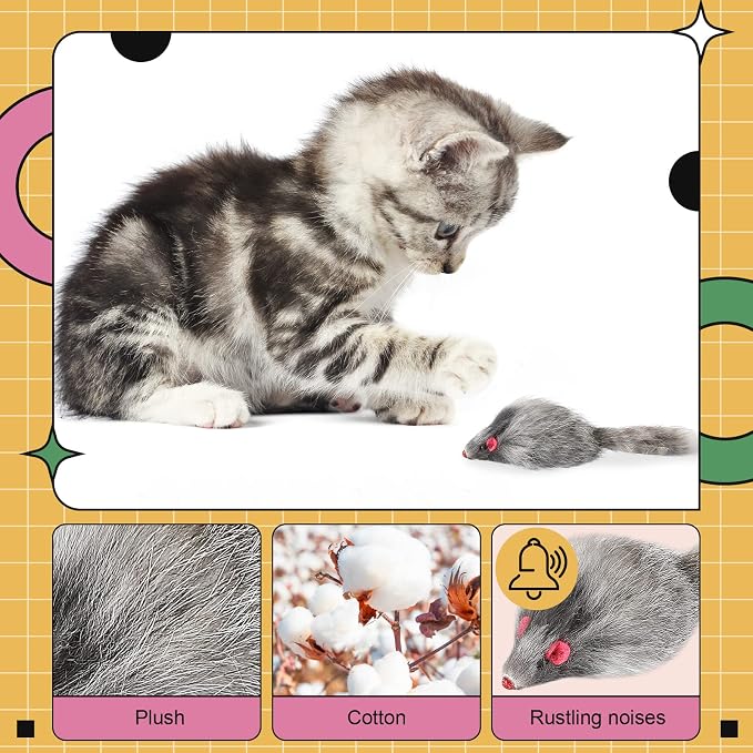 Hungdao 60 Pcs Fur Mice Cat Toys with Rattle Sound, White, Black, Gray