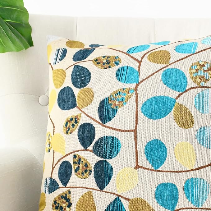 CaliTime Decorative Throw Pillow Covers 18 X 18 Inches Ecru Teal Gray | Luxury Chenille Cute Leaves Cushion Case Shell for Couch Sofa Bed Living Room Home