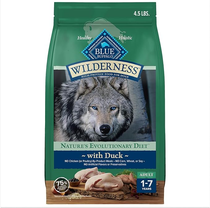 Blue Buffalo Wilderness Duck & Wholesome Grains Adult Dry Dog Food, 4.5 lb | 39g Protein, Real Duck #1 Ingredient, Antioxidant-Rich Fruits & Veggies, High Protein to Fuel Adventures