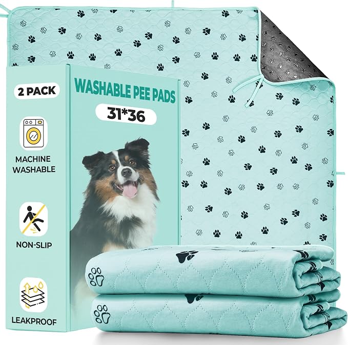 Fostanfly Washable Dog Pee Pads, Ultra-Absorbent, 31"x36"-2 Pack, Green | Leak-Proof, Waterproof, Non-Slip, Large Reusable Pee Pads for Puppy Potty Training, Crate and Playpen with 8 Tie Straps